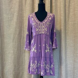Johnny Was Lavender Embroidered Long Sleeve Dress